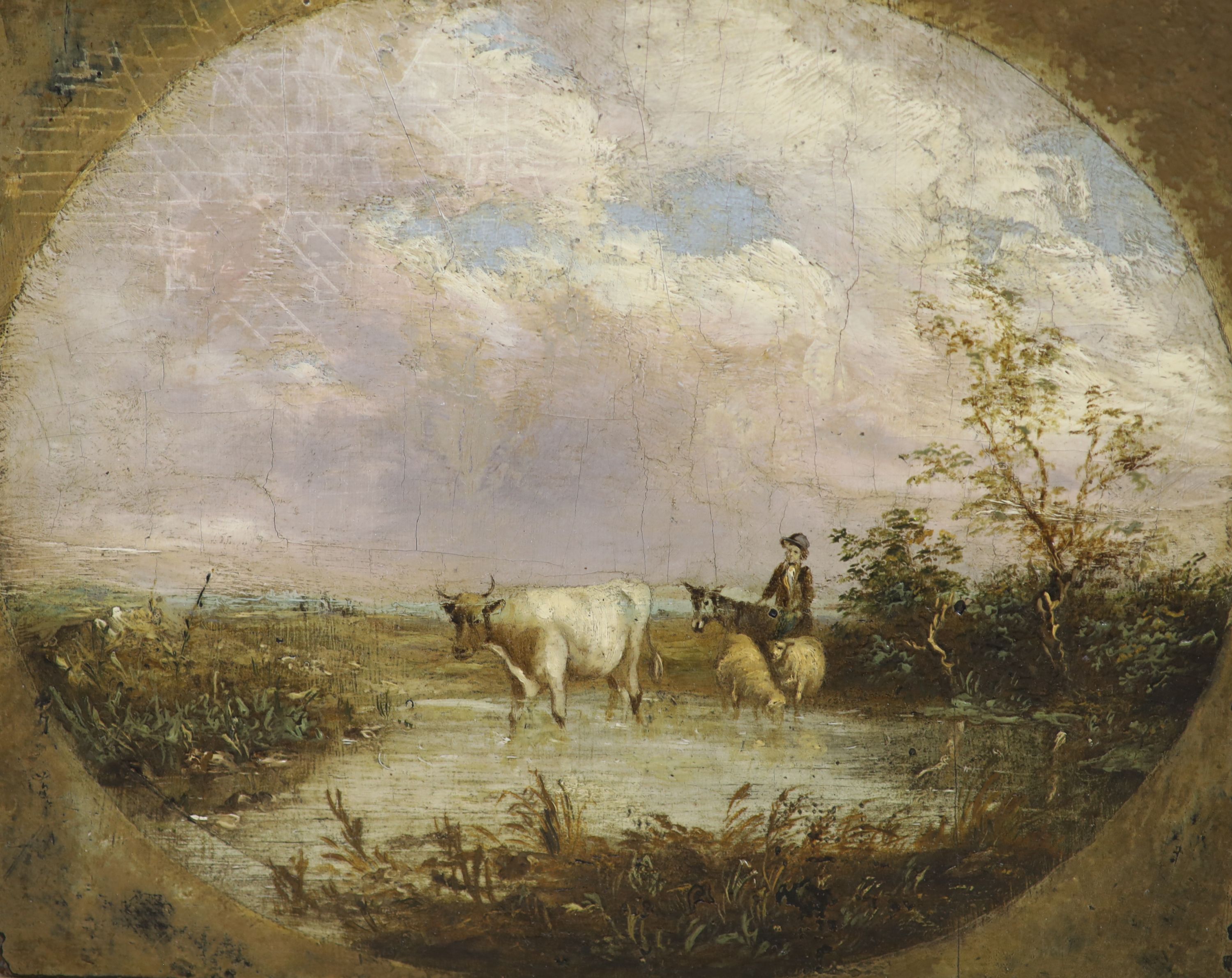 Victorian School, oil on wooden panel, Drover and livestock crossing a brook, painted to the oval, 21 x 25cm, unframed